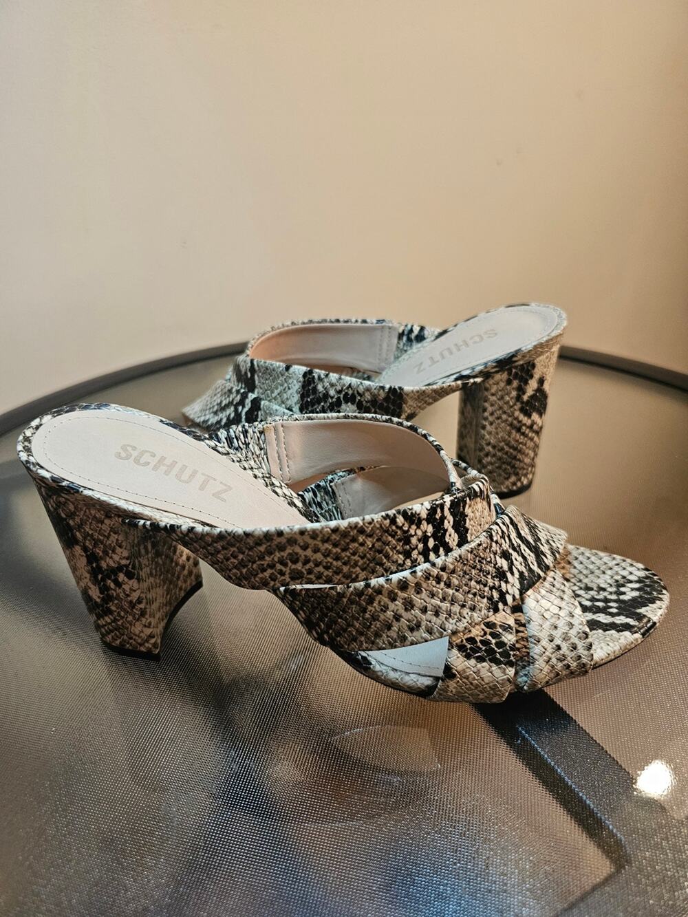 Schutz Women's Snake Print Slide Heels in Neutral